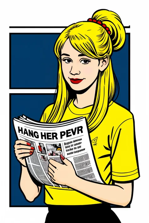 a girl with yellow hair who is holding a newspaper in her hands comic style