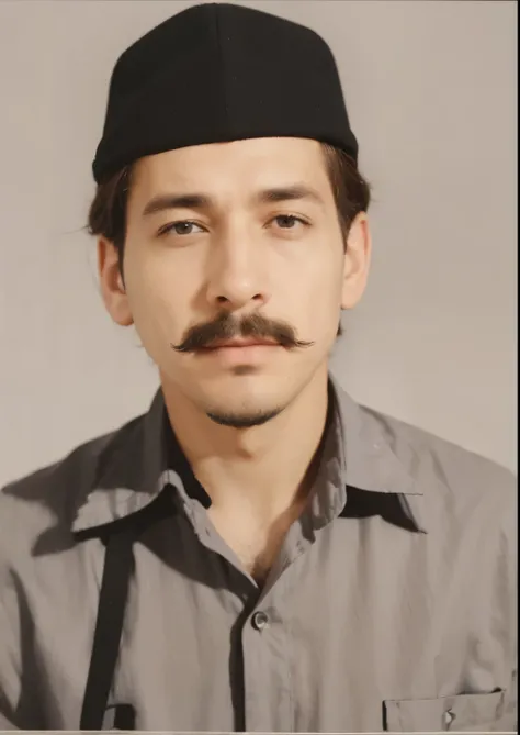 Man wearing a hat and a shirt, looking to the side. Man with a mustache and goatee. Man in a shirt with a collar.