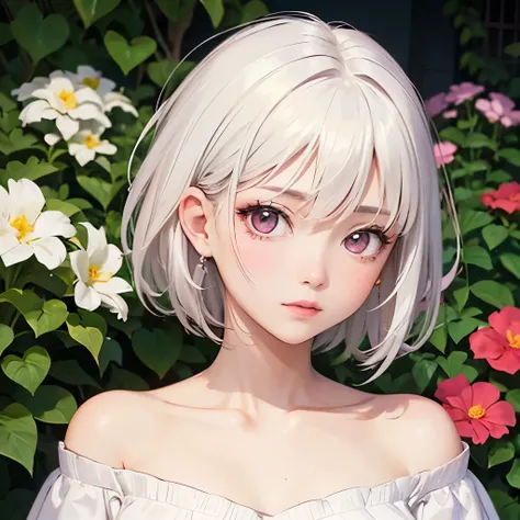 ((best quality)), ((masterpiece)), (detailed), perfect face. Asian girl. White hair. Short hair. Pink eyes. Off shoulder. Garden.