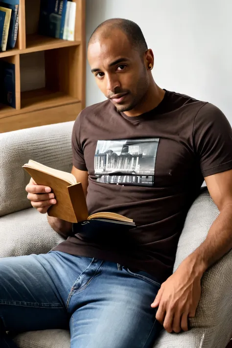 ((melhor qualidade)), ((Obra de arte)), (detalhado), Create a photorealistic, cinematic, high-resolution image of a Black man, bald, without beard around 35 years old, sitting comfortably in an armchair and reading a book. The man has a medium brown skin t...