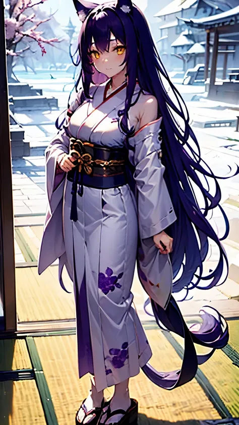 fenrir, ((purple hair)), (ears wolf,) white dress, standing, yellow eyes,  long hair, smile,  beautiful, masterpiece, (upper_bod...