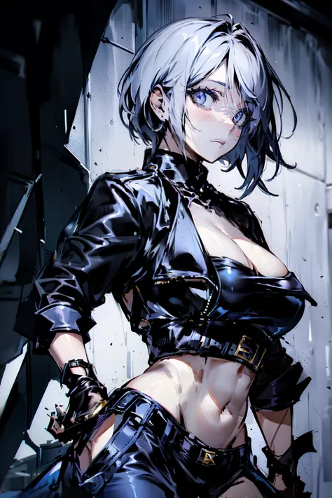 detailed portrait of a beautiful woman, 1girl, (AngelMS:1.4), midriff, opposite side, looking at viewer, (cleavage), cropped jacket, best quality, 4k, 8k, highres, masterpiece:1.2, ultra-detailed, URBAN SAMURAI