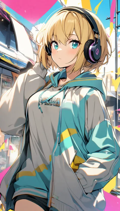 1girl, aqua eyes, blond hair, short hair, headphone, hoodie