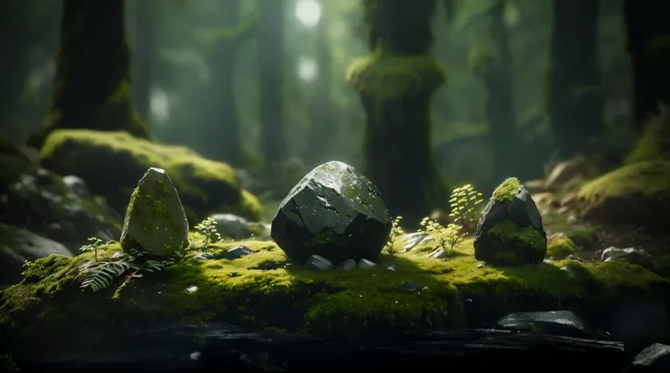 there is a small rock in the middle of a mossy area, natural realistic render, unreal engine 4k wallpaper, daily render, detailed cinematic render, cinematic smooth stone, mossy stone, cryengine render, rendered in octane render 32k, rendered in unreal eng...