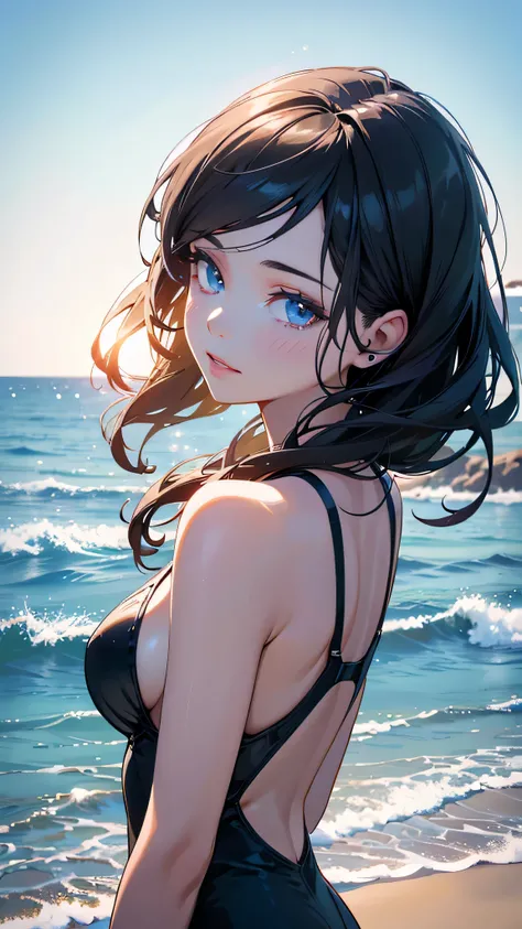 a beautiful girl with black hair and red eyes, in a swimsuit, holding a white rectangular paper towards the camera, by the sea under a blue sky, with sunlight shining and the sea reflecting and sparkling, (best quality,4k,8k,highres,masterpiece:1.2),ultra-...