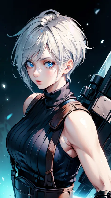(masterpiece, best quality:1.2), cute, lovely, expressive eyes, perfect face, highres, 1 girl, solo, (female:1.5), strife, short hair, shoulder armor, sleeveless turtleneck, suspenders, belt, gloves, bracer, standing, portrait, looking at viewer, White ha...