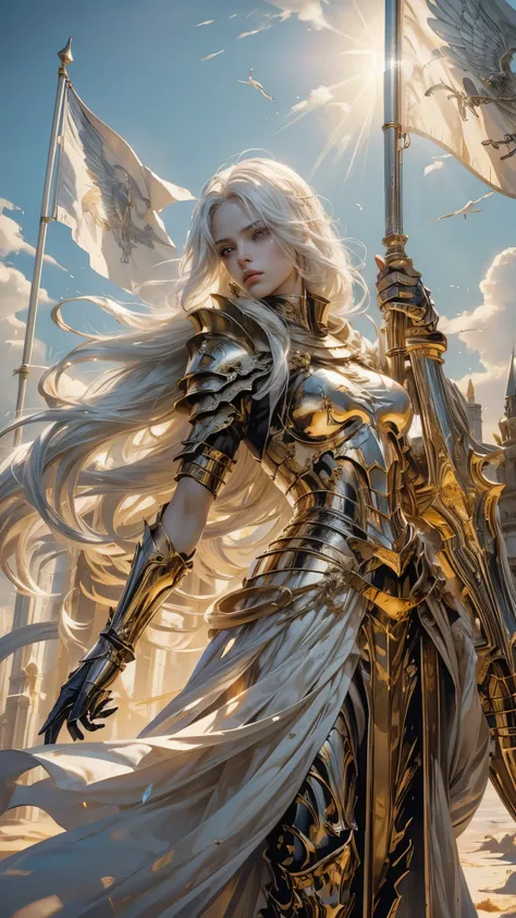 A battle angel with the body full of gold in it,white hair,marble skin, betwin clouds at sunrise,great wide wings,glory,flags at wind,golden halo,sunshine rays on background,dark fantasy,medieval,dark souls,elden ring,(blood: 1,5),detailed,realistic,4K