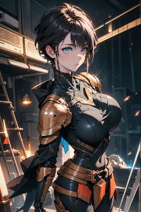 Black hair，Sci-fi style，Armor, medieval style，Mechanical Armor，fluorescent armor, Alone, Solitary,(:1.3)，European knights，Mechanical Girl，cover the whole face，Full coverage mask，Eye mask，Black iron boots，Black hand armor，Full body portrait，Standing in the ...