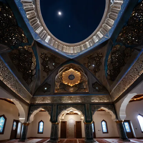 beautiful arabesque ceiling、mosque、interior、super detailed photos、perspective angle、night view with the moon