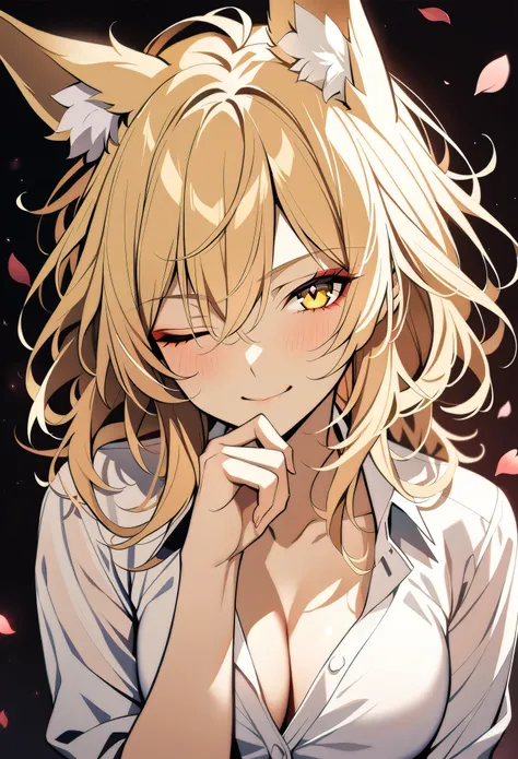 1woman, 30 years old,solo, medium hair,disheveled hair,messy hair,fox ears,blonde hair, yellow eyes, upper body, white shirt, breasts, looking at viewer, seductive smile, one eye closed, hand on own chin , petals, masterpiece, best quality