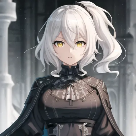 (high-quality, breathtaking),(expressive eyes, perfect face) 1girl, female , solo, portrait, Symmetrical Eyes, white hair color, yellow eye color, short hair length, curly wavy hair, Code Vein, Code Vein game character, Code Vein Clothing, Code Vein revena...