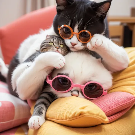 cat wearing round colored glasses, cute cat, funny pose, colorfull, only cat (no human)