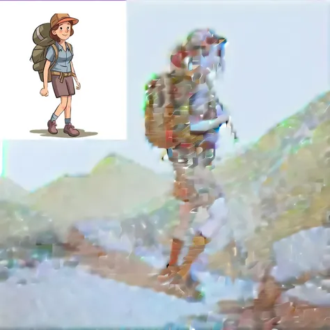 cartoon girl with backpack walking and smiling, female explorer mini cute girl, hiking clothing, wearing adventurous gear, using adventure equipment, with a backpack, adventurous, adventurous gear, 2d illustration, 2d illustration, Carry survival equipment...