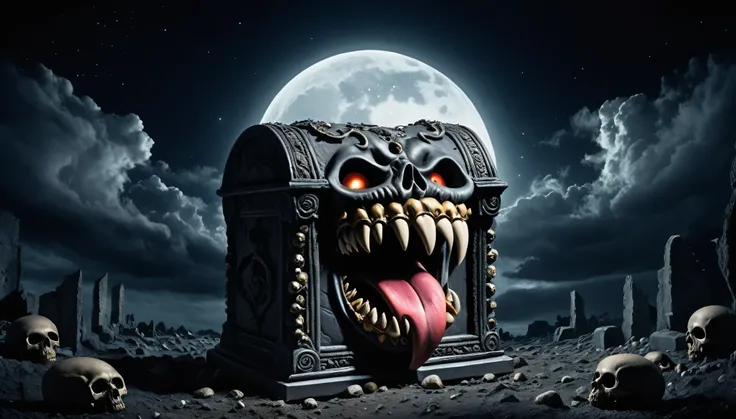 horror, surreal image of (mimic),shaped like treasure box,(sharp teeth, long tongue:1.5), in stone ruin with skulls at night, night sky, eerie, moody moon lighting, ominous clouds swirling unnaturally, eldritch, cosmic horror, unknown, mysterious, surr...