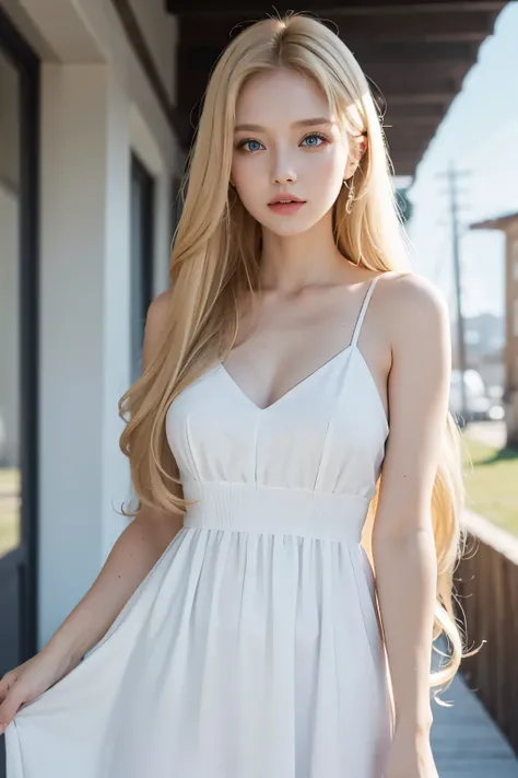 Blonde hair, blue eyes. Woman. Long hair. Energy.  Beauty. White dress. 