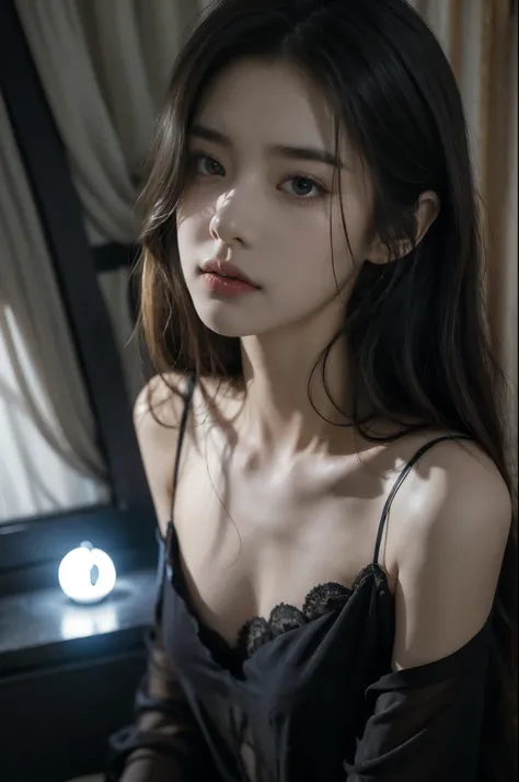 (((best quality))), (((ultra detailed))), (((masterpiece))), illustration,a beautiful girl,solo,slim,thin,messy hair,shoulder length straight bob hair,Dark Circles,Eyes bloodshot,(sad expression:1.3),flat chest,sitting on the bed,in a bedroom,halter lace n...