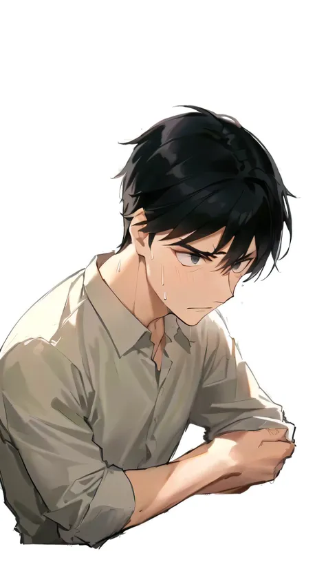  with black hair and grey eyes leaning on his elbow，Cold sweat，Serious expression，Expression of concern，Fold your arms across your chest，Bow your head，White shirt