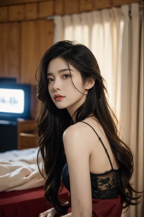 (((best quality))), (((ultra detailed))), (((masterpiece))), illustration,a beautiful girl,solo,slim,thin,messy hair,shoulder length straight bob hair,Dark Circles,Eyes bloodshot,(sad expression:1.3),sitting on the bed,in a bedroom,halter lace nightgown, d...