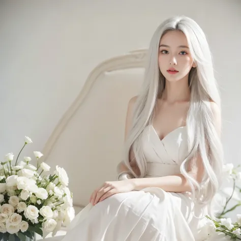 1 woman, White long curly hair，Natural and beautiful hair，The background is simple, clean and beautiful. White hair. Room. Flowers. 