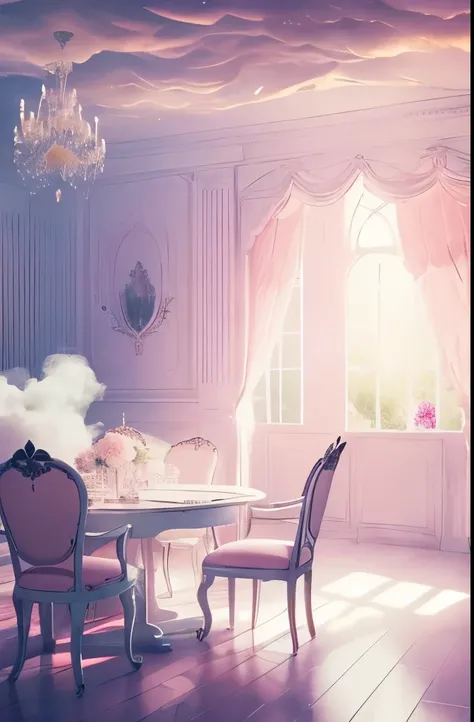 there is a cloud filled room with tables and chairs, ethereal and dreamy theme, dreamy atmosphere and drama, very magical and dreamy, cafe in the clouds, smoke filled room, dreamy ethereal vibe, in the white clouds fairyland, cotton candy clouds, sitting i...