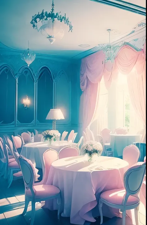 there is a cloud filled room with tables and chairs, ethereal and dreamy theme, dreamy atmosphere and drama, very magical and dreamy, cafe in the clouds, smoke filled room, dreamy ethereal vibe, in the white clouds fairyland, cotton candy clouds, sitting i...