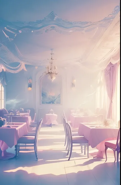 there is a cloud filled room with tables and chairs, ethereal and dreamy theme, dreamy atmosphere and drama, very magical and dreamy, cafe in the clouds, smoke filled room, dreamy ethereal vibe, in the white clouds fairyland, cotton candy clouds, sitting i...