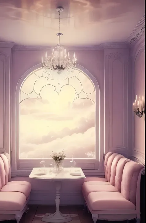 there is a cloud filled room with tables and chairs, ethereal and dreamy theme, dreamy atmosphere and drama, very magical and dreamy, cafe in the clouds, smoke filled room, dreamy ethereal vibe, in the white clouds fairyland, cotton candy clouds, sitting i...