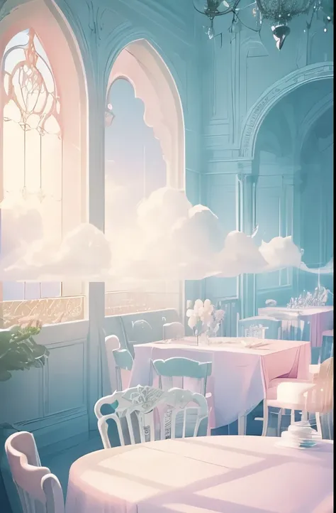 there is a cloud filled room with tables and chairs, ethereal and dreamy theme, dreamy atmosphere and drama, very magical and dreamy, cafe in the clouds, smoke filled room, dreamy ethereal vibe, in the white clouds fairyland, cotton candy clouds, sitting i...