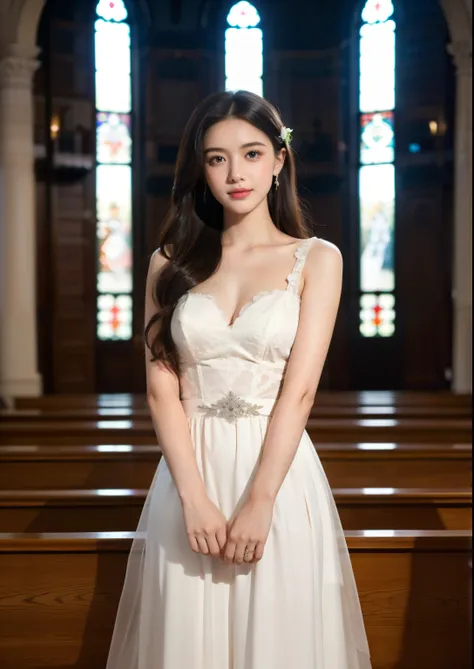 Beautiful 25 year old skinny woman。She wears a wedding dress. She is smiling in the light of the church night at romantic sunset time.  Her dark brown hair. High resolution、masterpiece、Highest quality、頭w:1.0、((Hasselblad Photos))、Fine skin、(Cinema Lighting...