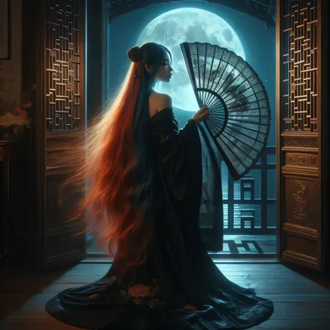 An ultra beautiful Asian woman long red-golden blue hair, holding a very ultra ornate long black ancient liquored Asian fighting fan, wearing a long black Chinese womans dressing gown, in a darkened room of moonlight streak in through the opened balcony wi...