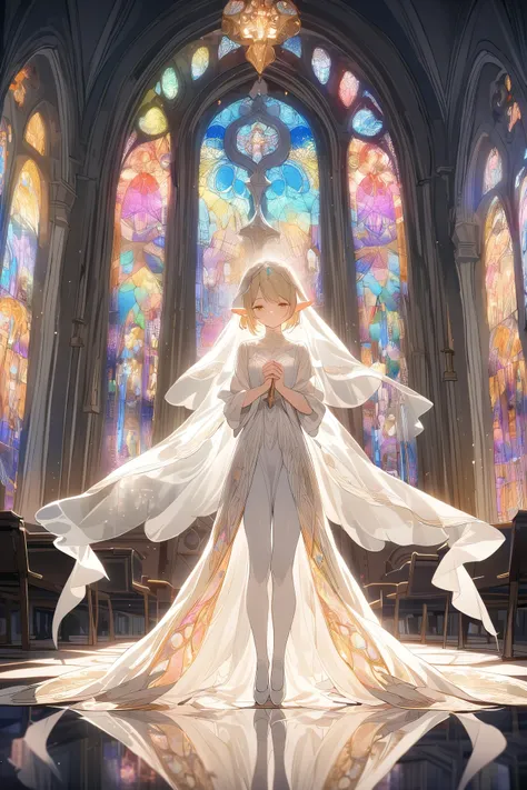 1girl ,20s,light blonde hair,short hair,white high heels,white pantyhose,pointy ears,church, stained glass, in a glowing dress, fantastical, illuminated, serene, majestic, colorful, reflective, ethereal, spiritual, tranquil, vibrant, intricate, patterned, ...