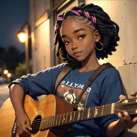 masterpiece, best quality), deep ebony 1 girl, men, beautiful face, short Afro braids , cute, , beautify, Lofi vibe,, cute night vibe, concentrated, hands outside of the picture , chill clothing, cute look, clothing is dry and baggy, small breasts, teen vi...