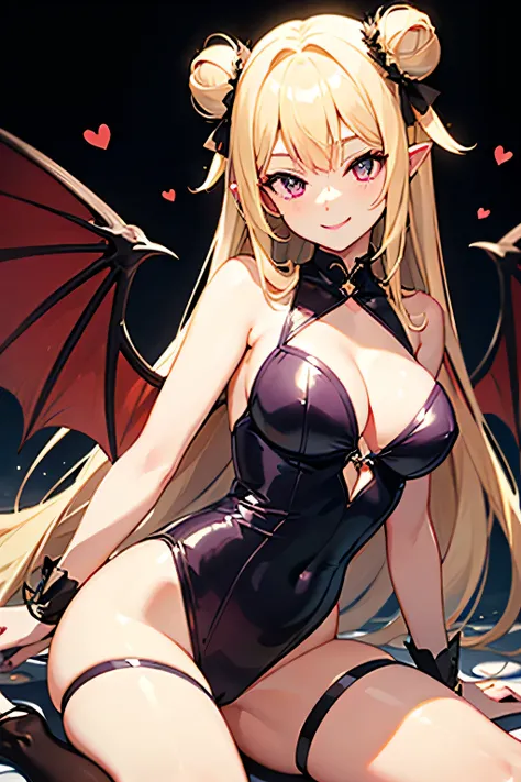 Succubus,two buns，Provocative smile，Blonde,Purple devil wings，One devil&#39;s tail.          Las Vegas background.