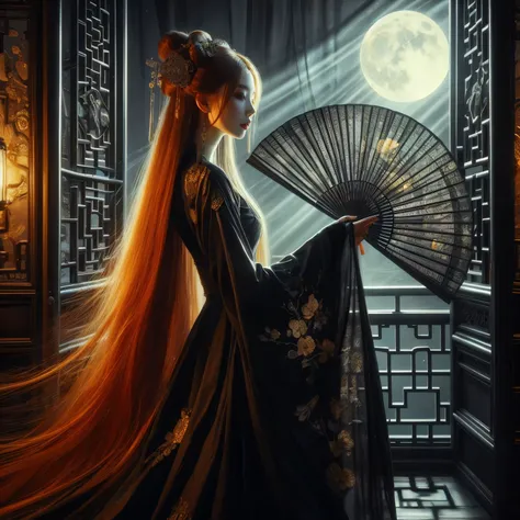 An ultra beautiful Asian woman long red-golden blonde hair, holding a very ultra ornate long black ancient liquored Asian fighting fan, wearing a long black Chinese womens dressing gown, in a darkened room of moonlight streak in through the opened balcony ...