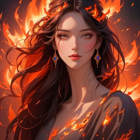 a woman with long hair and a dress is in flames, beautiful fantasy art portrait, her hair is made out of fire, beautiful digital artwork, goddess of fire, flames surround her, karol bak uhd, digital art fantasy art, beautiful gorgeous digital art, fantasy ...