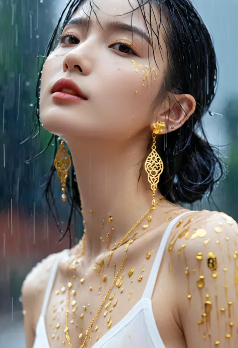 Gold Tattoo，Girl with gold earrings in the rain, Using VRay tracking style, Martin, yuumei, Inverted, close up, Dark white and gold, sketch, masterpiece, best quality,