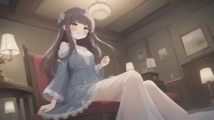 masterpiece, best quality, great, illustration, CG, (blush)++, 1 girl,smile, Long hair, brown hair, yellow eyes, delicate face, (loli), cute face, kawaii, delicate eyes, blue dress, medium breasts, frill, (embroidery, Lace:1.3), delicate clothes wrinkles, ...