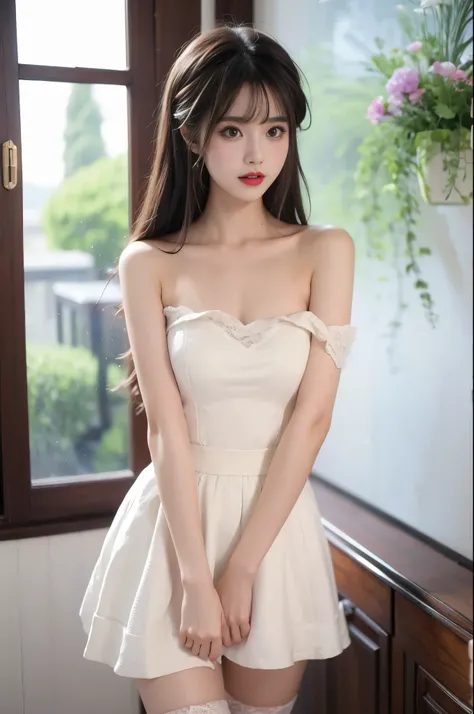 Bridal ((Bare shoulder)), Double eyelids，Skin Whitening，Long hair，Whitening long legs，Standing by the sea, Fashion Girl, Red lips, Sweet Girl, Beautiful makeup, detail, lifelike, Very detailed, Astonishing, beautiful, Young and energetic, high quality，HD, ...