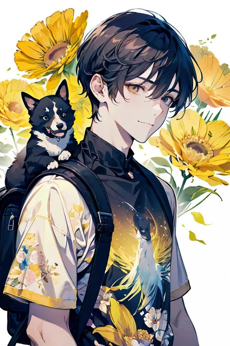 ((young mens:1.1)),(Oversized floral T-shirt:1.35),Prompt: An incredibly charming  carrying a backpack, accompanied by her adorable puppy, enjoying a lovely spring outing surrounded by beautiful yellow flowers and natural scenery. The illustration is in hi...