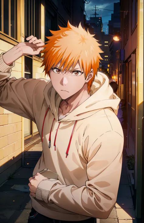 Ichigokurosaki, Ichigo Kurosaki, short hair, Orange Hair, Spiked Hair, (Brown eyes:1.5),
Oversized black hoodie,jeans,White sneakers,Walking,whole bodyがイラストに入るように,Daytime,Cold Sky, He has his hands in his hoodie pockets.,
break looking at viewer, whole bod...