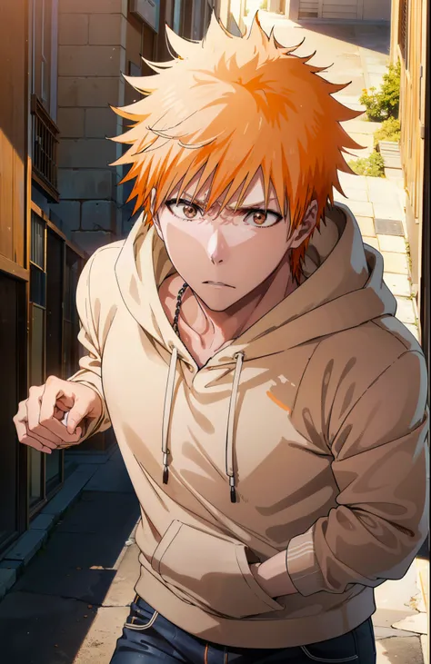 Ichigokurosaki, Ichigo Kurosaki, short hair, Orange Hair, Spiked Hair, (Brown eyes:1.5),
Oversized black hoodie,jeans,White sneakers,Walking,whole bodyがイラストに入るように,Daytime,Cold Sky, He has his hands in his hoodie pockets.,
break looking at viewer, whole bod...