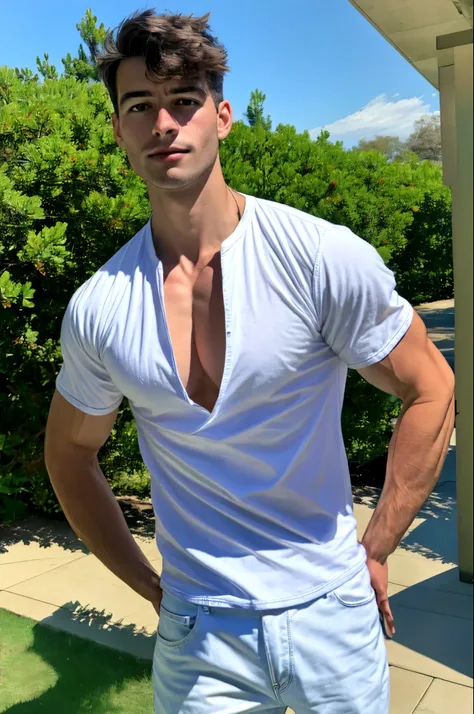 a handsome topless boy, masculine, realistic, upper_body, (masterpiece, best quality:1.2), darelljones, elegant pose, white shirt, blue jeans, outdoors, natural light,, (masterpiece,best quality:1.5)