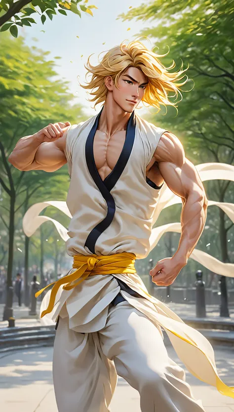 Character anime man standing in the park: At the heart of a calm, white-based environment、A lively young cartoon man standing in an impressive pose、Its strength radiates through the lines and contours of its muscular form.。Long golden hair fluttering in th...