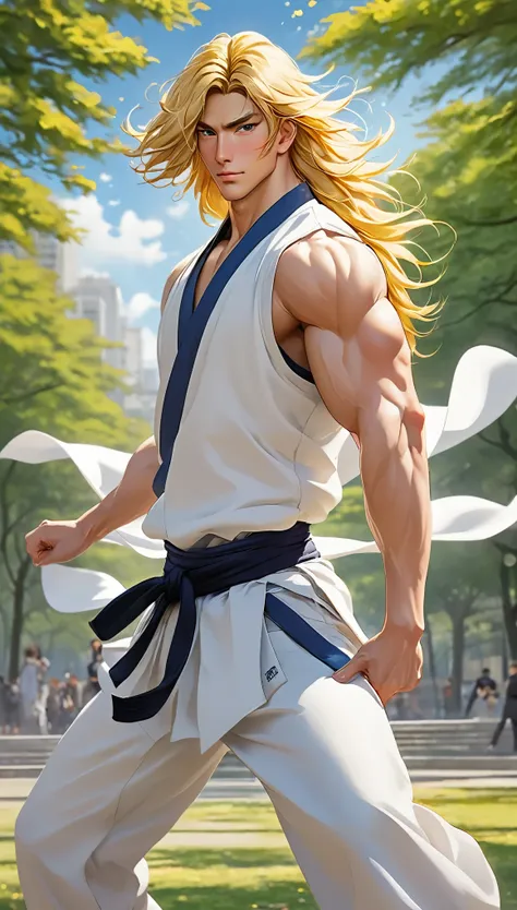 Character anime man standing in the park: At the heart of a calm, white-based environment、A lively young cartoon man standing in an impressive pose、Its strength radiates through the lines and contours of its muscular form.。Long golden hair fluttering in th...