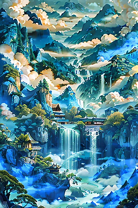 (blue theme:1.3), landscape, tree, water, architecture, mountain, cloud, bird, nature, masterpiece, best quality landscape