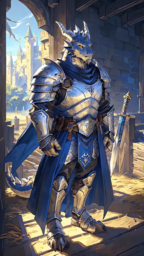 ((middle Ages:1.6，Castle Background:1.4))，((Cruz:1.6))，Sunlight，high resolution，4K，gay，(((whole body:1.1，sideways:1.3)))，masterpiece，high quality，Calm and composed，((dragon))，male，dragonFurry，(teenager:1.3)，hairy，((stable，Handsome face:1.4))，((peaceful))，(...