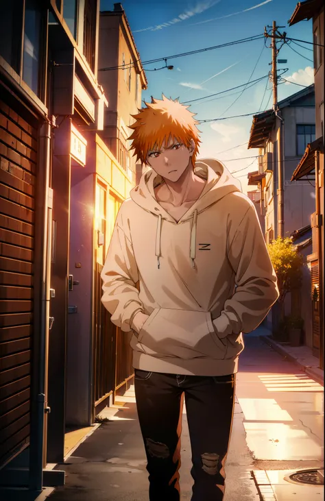 Ichigokurosaki, Ichigo Kurosaki, short hair, Orange Hair, Spiked Hair, (Brown eyes:1.5),
Oversized black hoodie,jeans,White sneakers,Walking,whole bodyがイラストに入るように,Daytime,Cold Sky, He has his hands in his hoodie pockets.,
break looking at viewer, whole bod...
