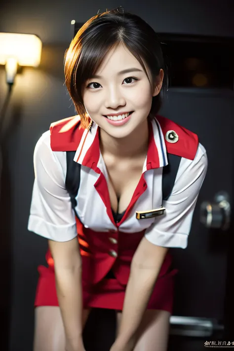 (a gorgeous lady, age 21, Flight Attendant uniform, Shenzhen Airlines Stewardess, wet white shirt, wet red mini-skirt, kneeling in a steamy bathroom, dimpled smile, short ponytai hair, short bob hair, cute snaggleteeth, well-endowed round bosom, long flawl...