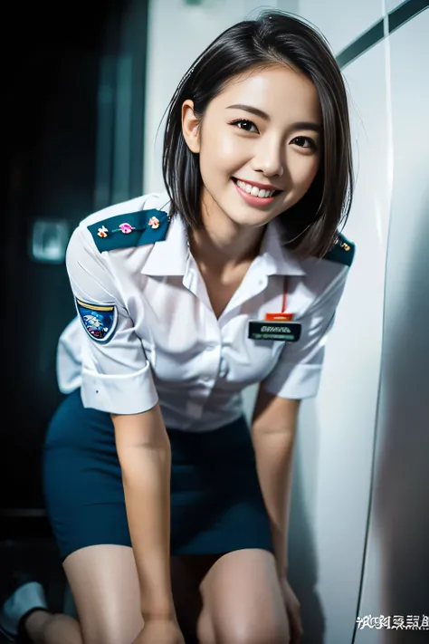 (a gorgeous lady, age 21, Flight Attendant uniform, Shenzhen Airlines Stewardess, wet white shirt, wet red mini-skirt, kneeling in a steamy bathroom, dimpled smile, short ponytai hair, short bob hair, cute snaggleteeth, well-endowed round bosom, long flawl...