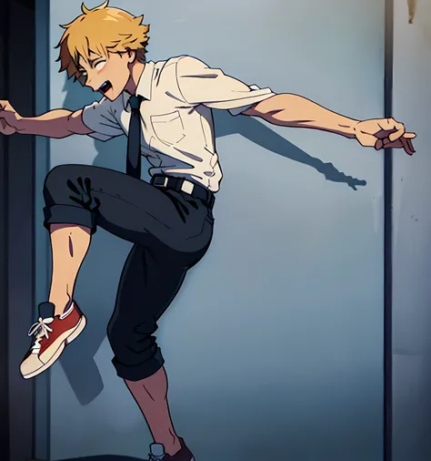 denji, smile, open mouth, dancing, Blonde hair, black necktie, white shirt, collared shirt, sneakers, closed fist, sleeves rolled up, black pants, belt, short hair, masterpiece, best quality